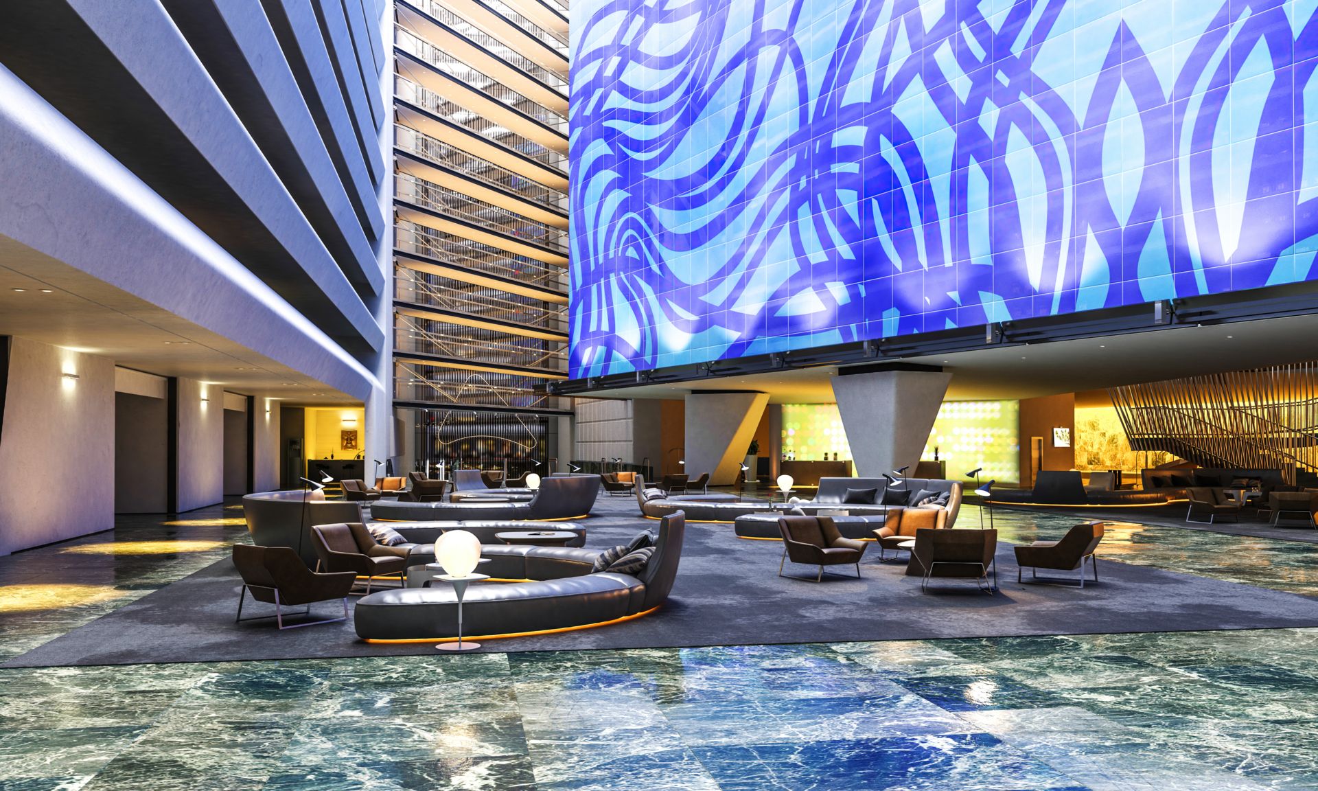 Ecran mare într-o clădire, utilizat pentru soluțiile de semnalizare digitală CANCOM.