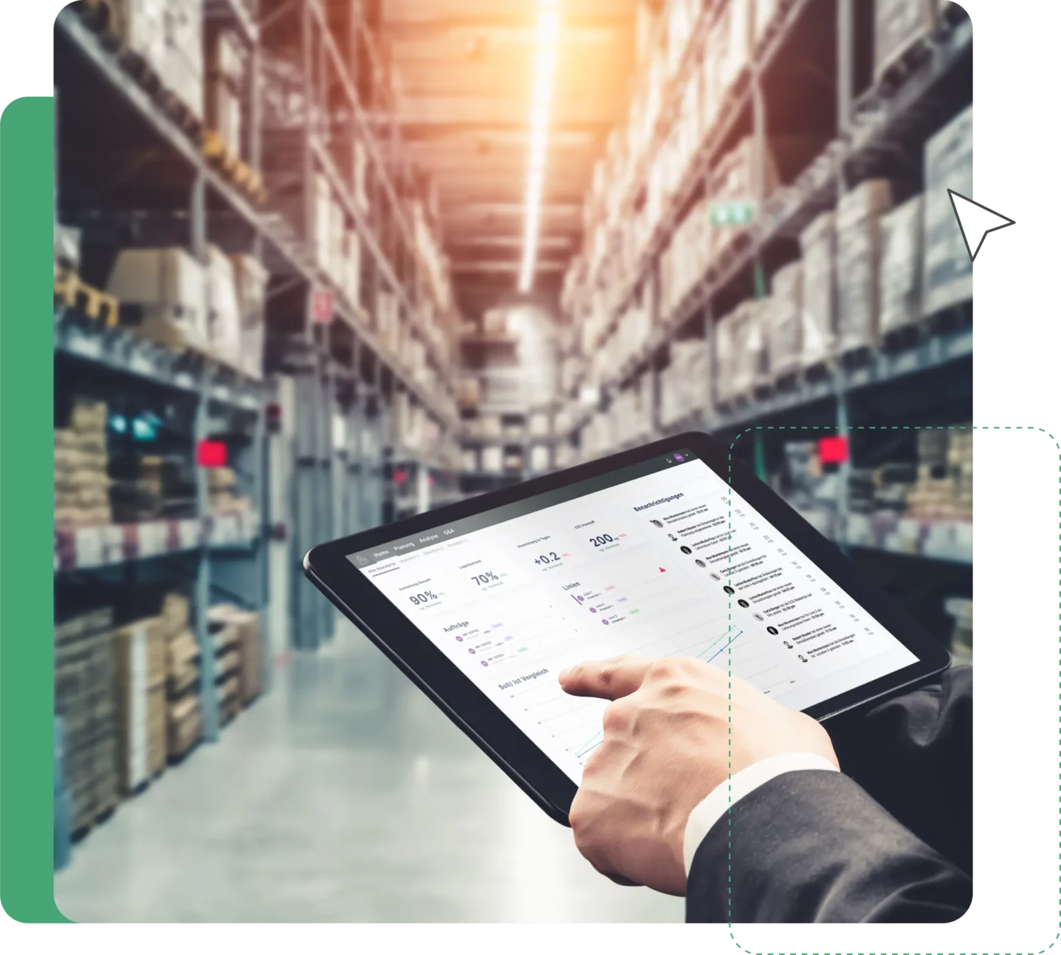 O persoană ține o tabletă într-un depozit și o folosește pentru planificarea inteligentă a producției.