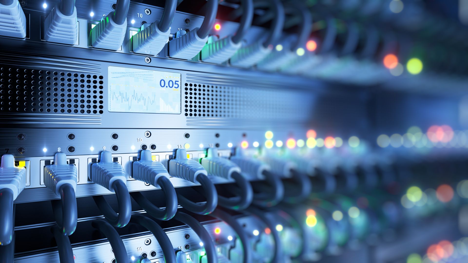 Prim plan al unui server de calculator care reprezintă infrastructura IT pentru serviciile critice de rețea.