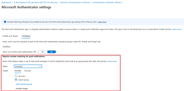 Captură de ecran a interfeței utilizatorului pentru configurarea potrivirii numerelor în Microsoft Authenticator în Azure Portal.