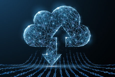 Ilustrație de nor cu săgeți și puncte, simbolizând rețelele și procesele digitale.