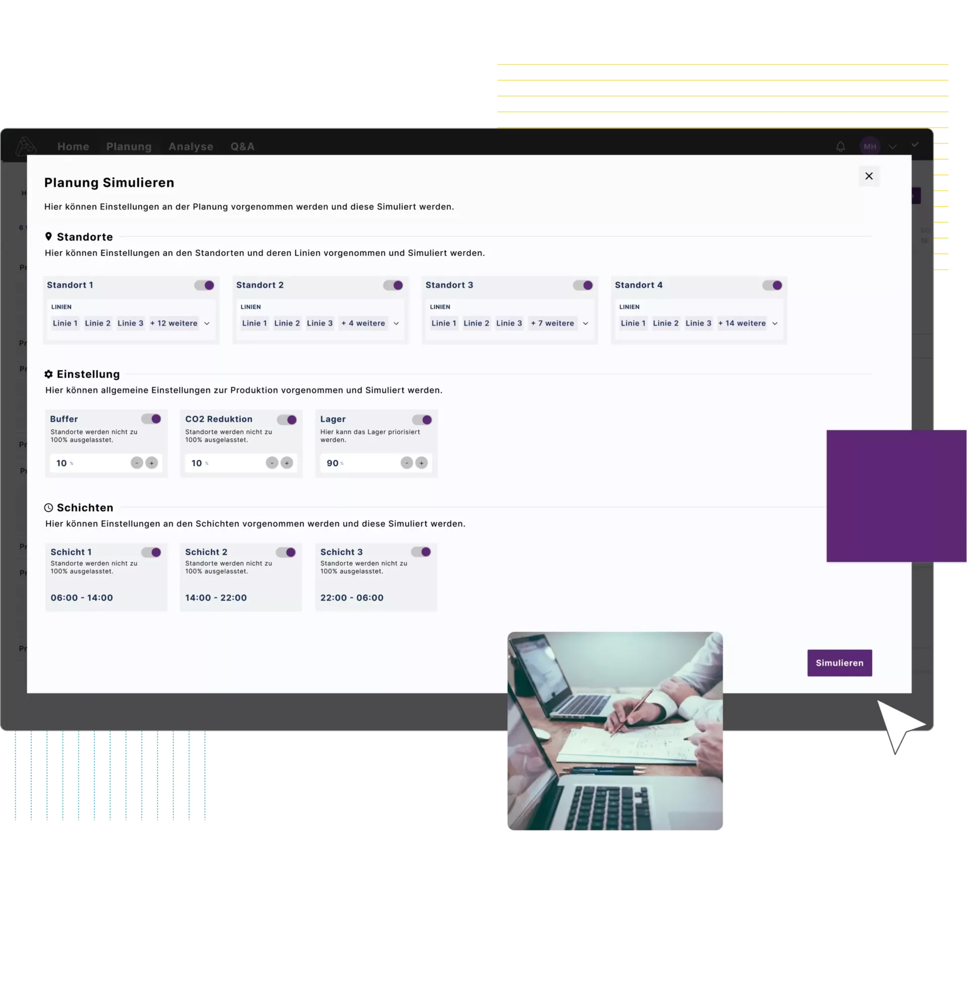Captură de ecran a unui computer cu o interfață utilizator pentru planificarea inteligentă a producției.